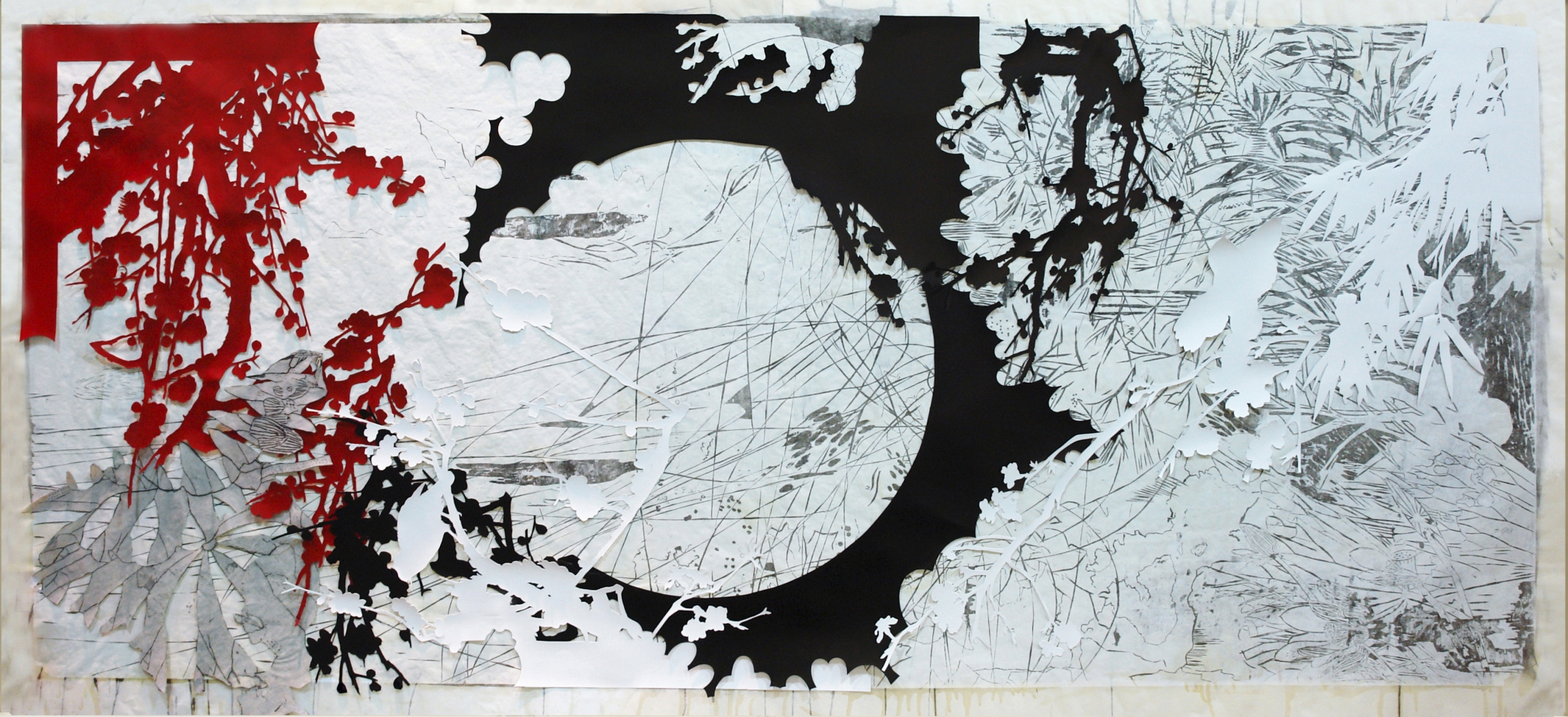 Judy Pfaff, Year of the Dog #6, 2009, woodblock, collage, hand painting, 38 1/2 x 86 1/2 inches Edition 3/12
