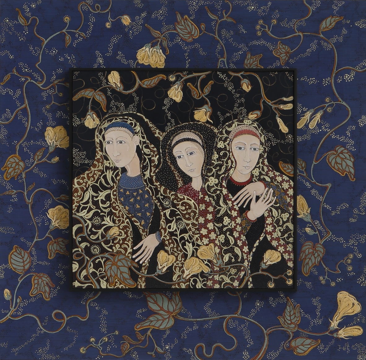 stephanie wilde, Finding the Graces, 2018, ink, acrylic and gold leaf on museum board, 20 x 20 inches