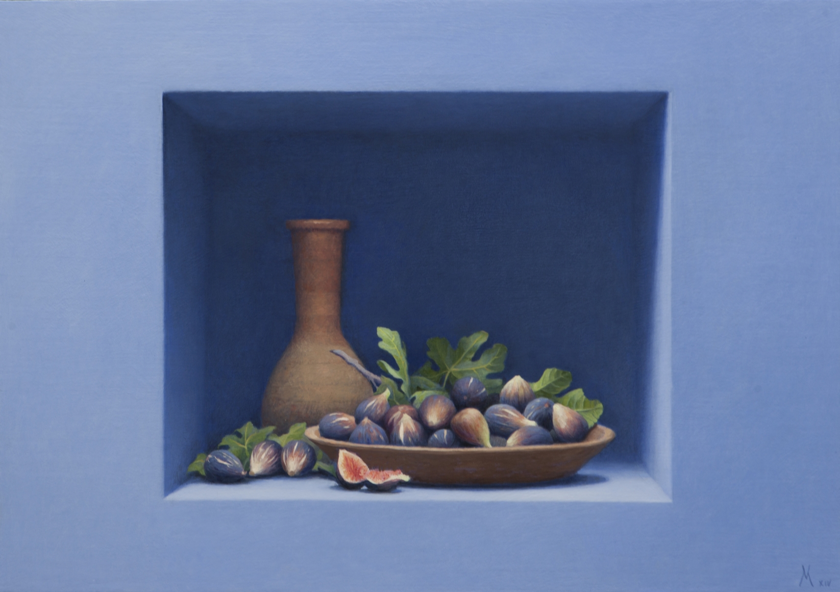 Guillermo Muñoz Vera, Figs with Vessel (SOLD), 2014, oil on canvas mounted on panel, 27 1/2 x 39 1/4 inches