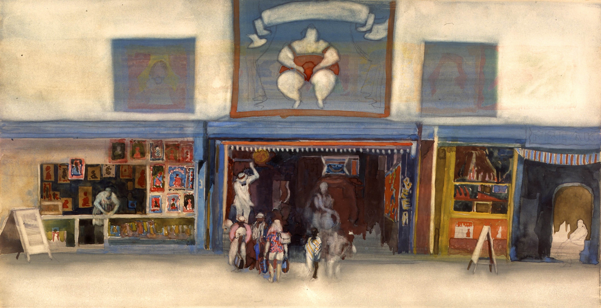 david levine, The Barker, 2003, watercolor on paper, 12 x 21 inches, Private collection, Chicago, IL