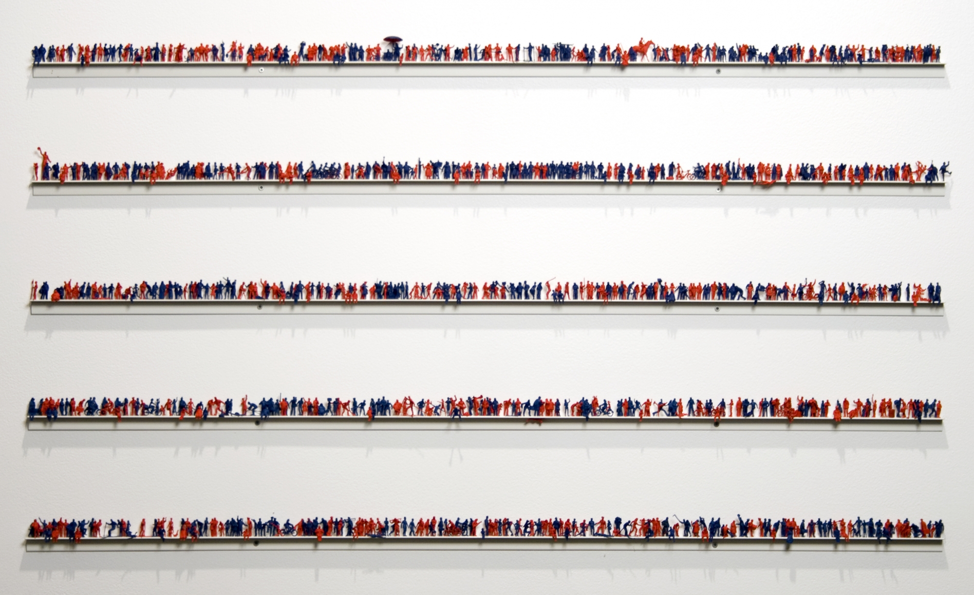Guy Limone, In 1998, in the US, there were 442 internet addresses for ea. 1000 people, 1999, 1000 hand-painted plastic figures on 5 aluminum rails, 23 x 39 1/2 inches