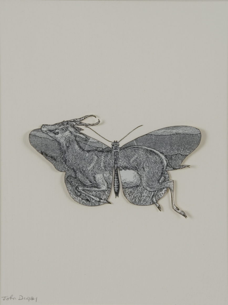 John Digby, Butterfly with Gazelle, 1987, collage with pen and ink, 16 x 12 inches