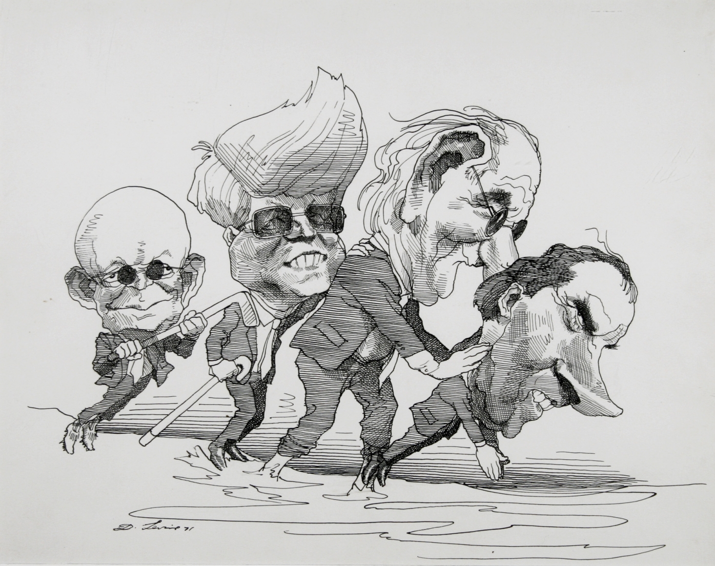David Levine, The Blind Leading the Blind, 1971, ink on paper, 11 x 13 3/4 inches
