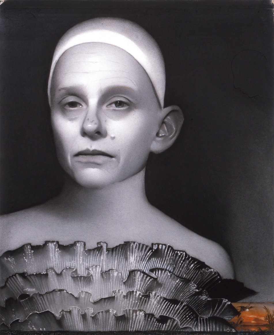 Susan Hauptman, Self Portrait (with 3D postcard) (SOLD), 2009, charcoal and 3D postcard on paper, 37 x 30 inches