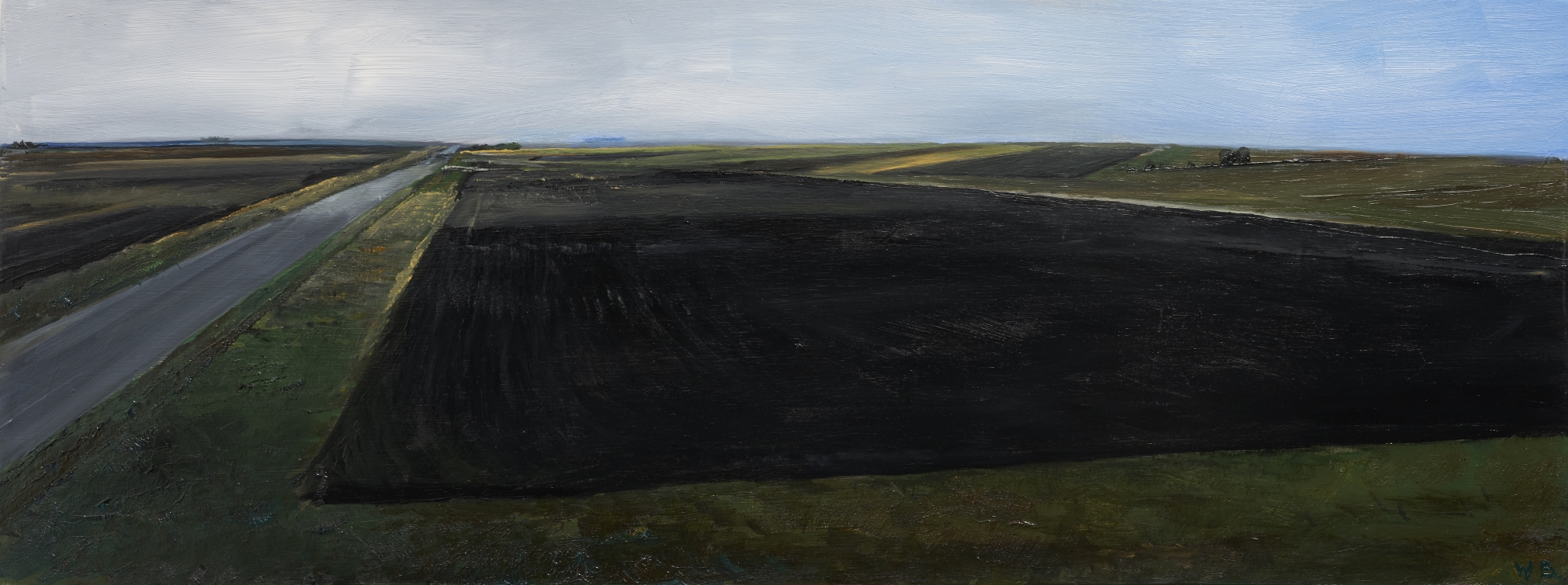 William Beckman, Montana Plowed Field #1, 2020, oil on panel, 7 x 18 1/4 inches