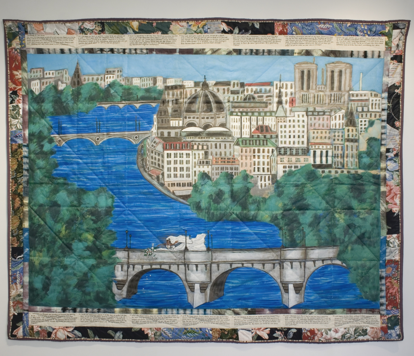 faith ringgold, Wedding on the Seine, 1991, acrylic on canvas, tie-dyed, pieced fabric border, 74 x 89 inches