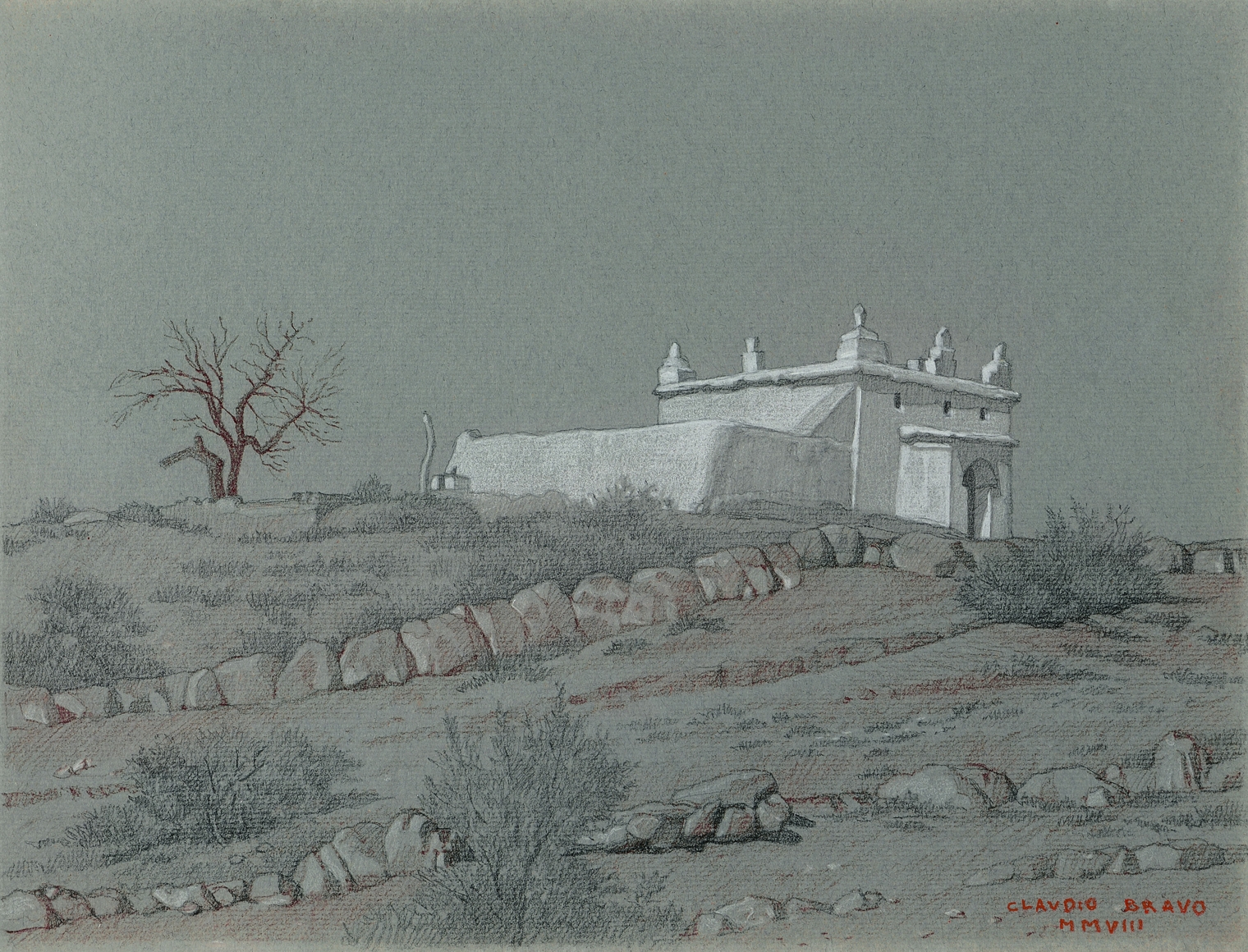Claudio Bravo, Marabout de Tiout, 2008, pencil and crayon on blue paper, 9 1/2 x 12 inches