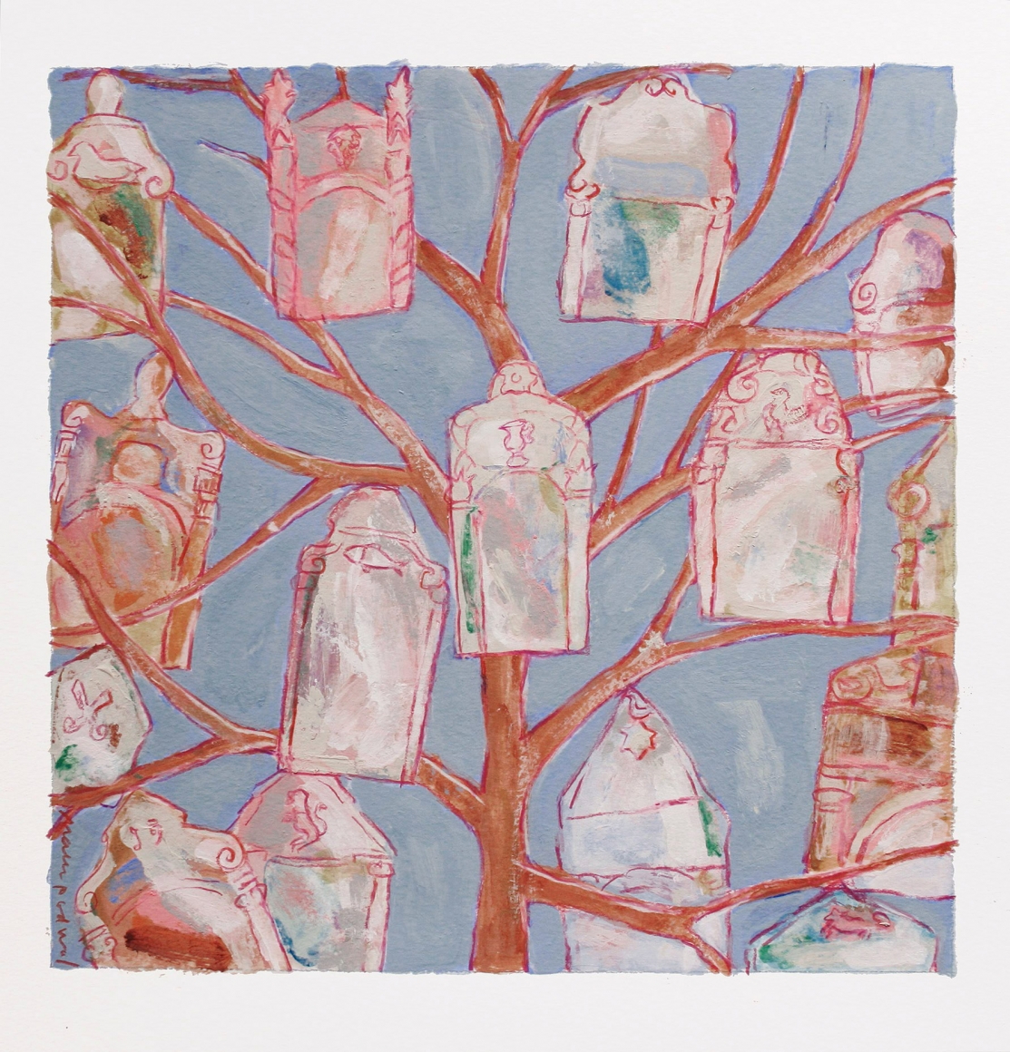 Mark Podwal, Ancestors, 2008, acrylic, gouache and colored pencil on paper, 12 x 12 inches