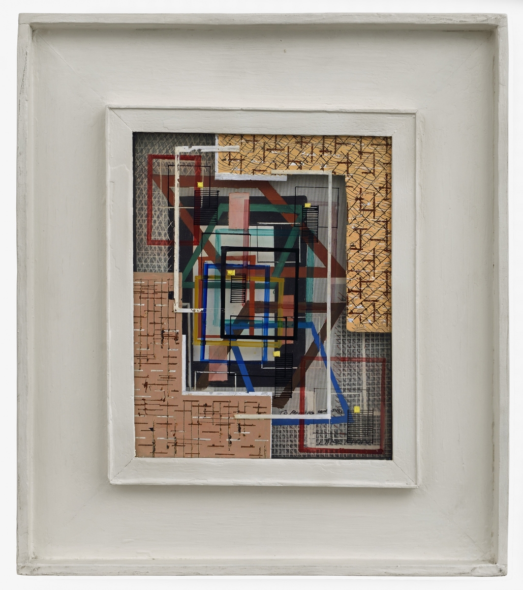 irene rice pereira, Three Dimensional Abstract Composition, c. 1945 painted glass and board construction 9 1/4 x 7 1/4 x 1/8 inches artist’s shadow box frame: 16 x 14 x 1 3/8 inches