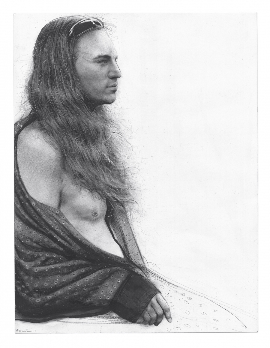 Steven Assael, Alex with Patterned Shirt, 2013, graphite and crayon on paper, 14 x 10 3/4 inches