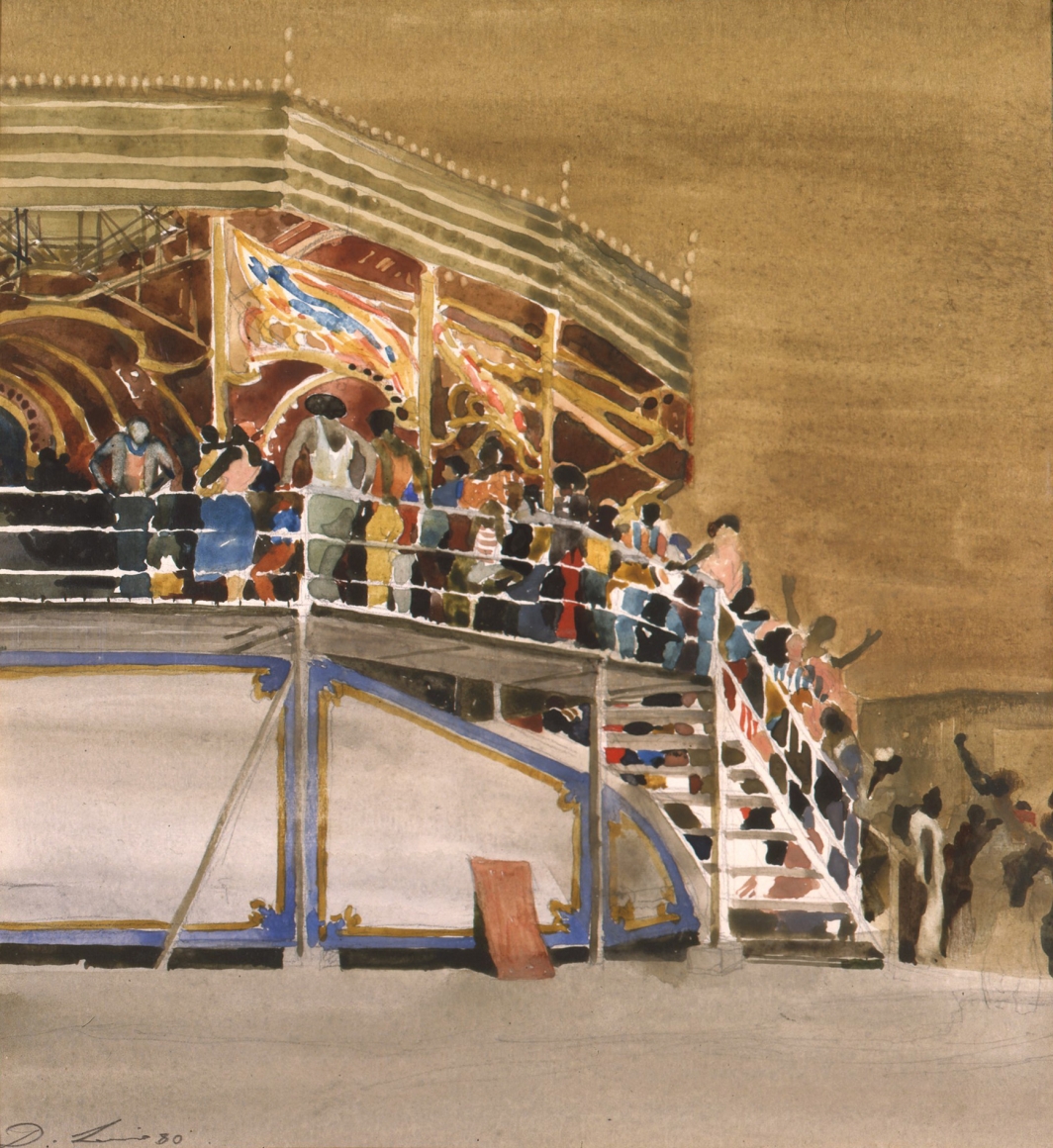 david levine, Awaiting the Ride, Coney Island, 1980 watercolor on paper 10 3/4 x 10 inches, Private collection, Chicago, IL
