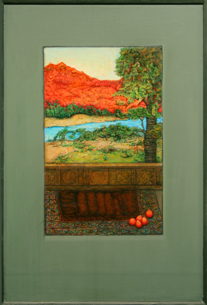 gregory gillespie, Red Mountain, 1995, oil, pencil, and Xerox transfer on panel, 16 1/4 x 10 inches
