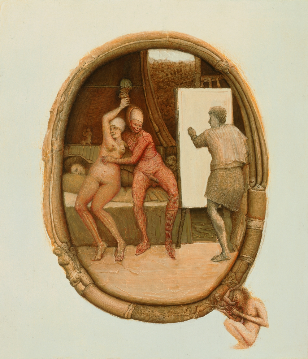 Gregory Gillespie, Painter in Bedroom, 1994, oil on panel, 39 3/4 x 32 3/4 inches