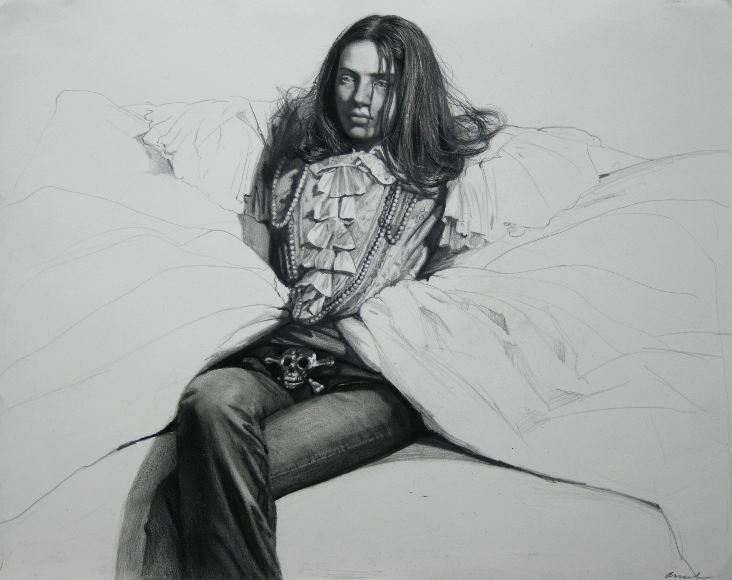 Steven Assael, Girl with Ruffled Shirt (SOLD), 2008, crayon and graphite on paper, 12 5/8 x 15 3/4 inches