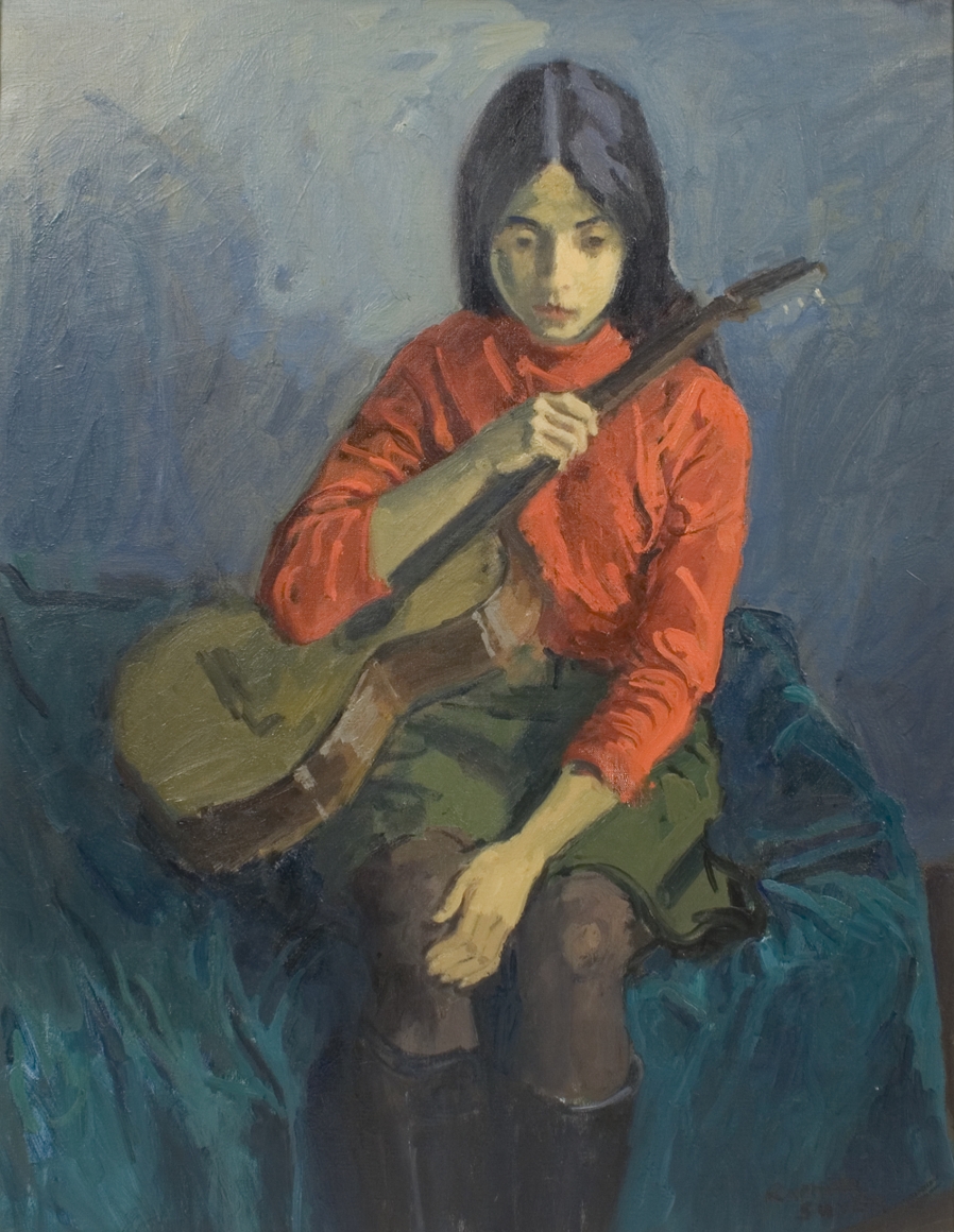 Raphael Soyer, Portrait of Girl with Guitar, c.1968, oil on canvas, 31 1/4 x 24 inches