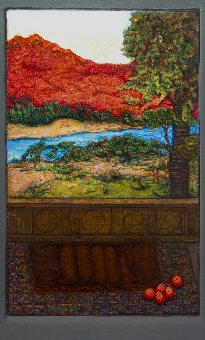 Gregory Gillespie, Red Mountain, 1995, oil, pencil and Xerox transfer on panel, 16 1/4 x 10 inches