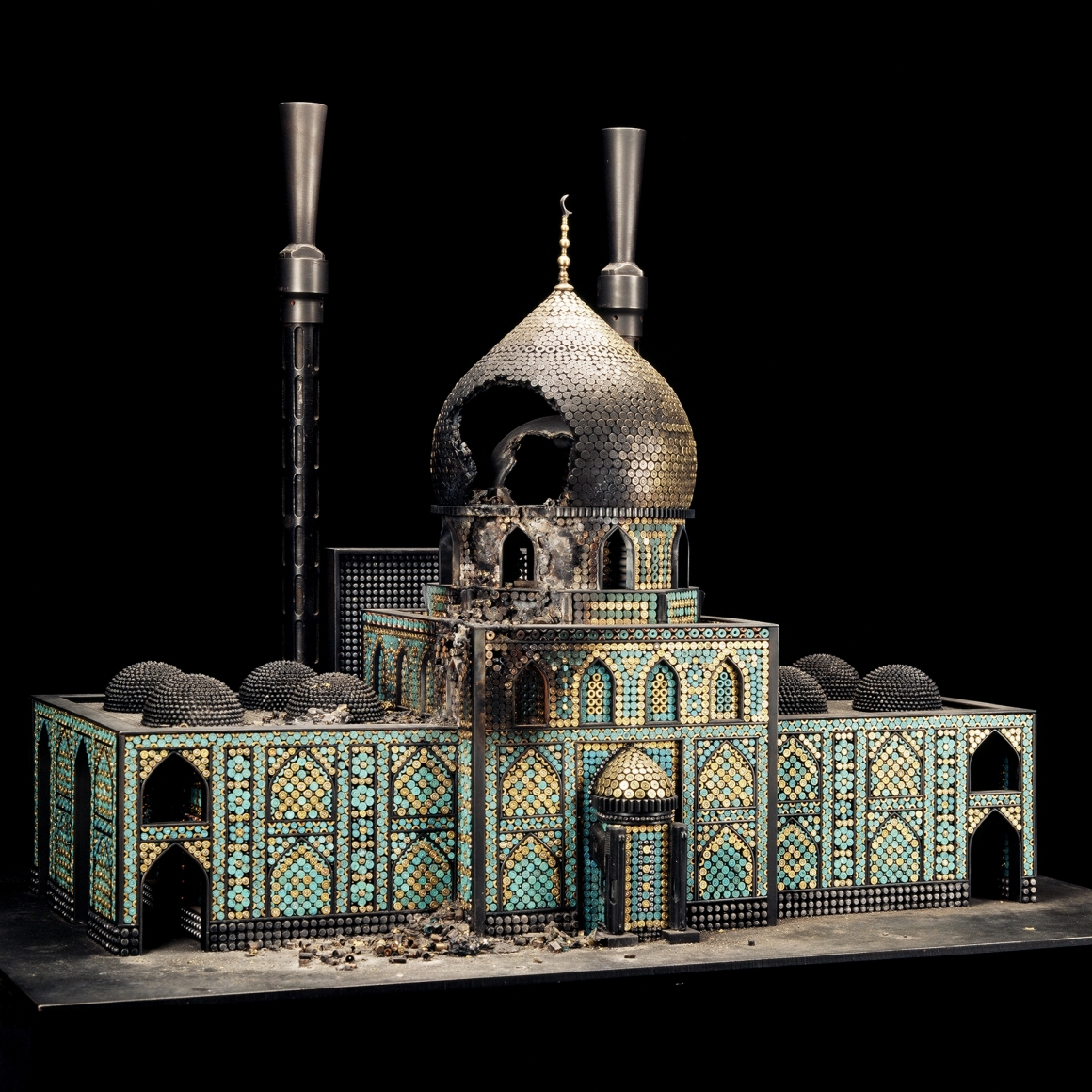 Al Farrow, Bombed Mosque, 2010, guns, gun parts, bullets, steel, 40 x 56 x 34 ¼ inches
