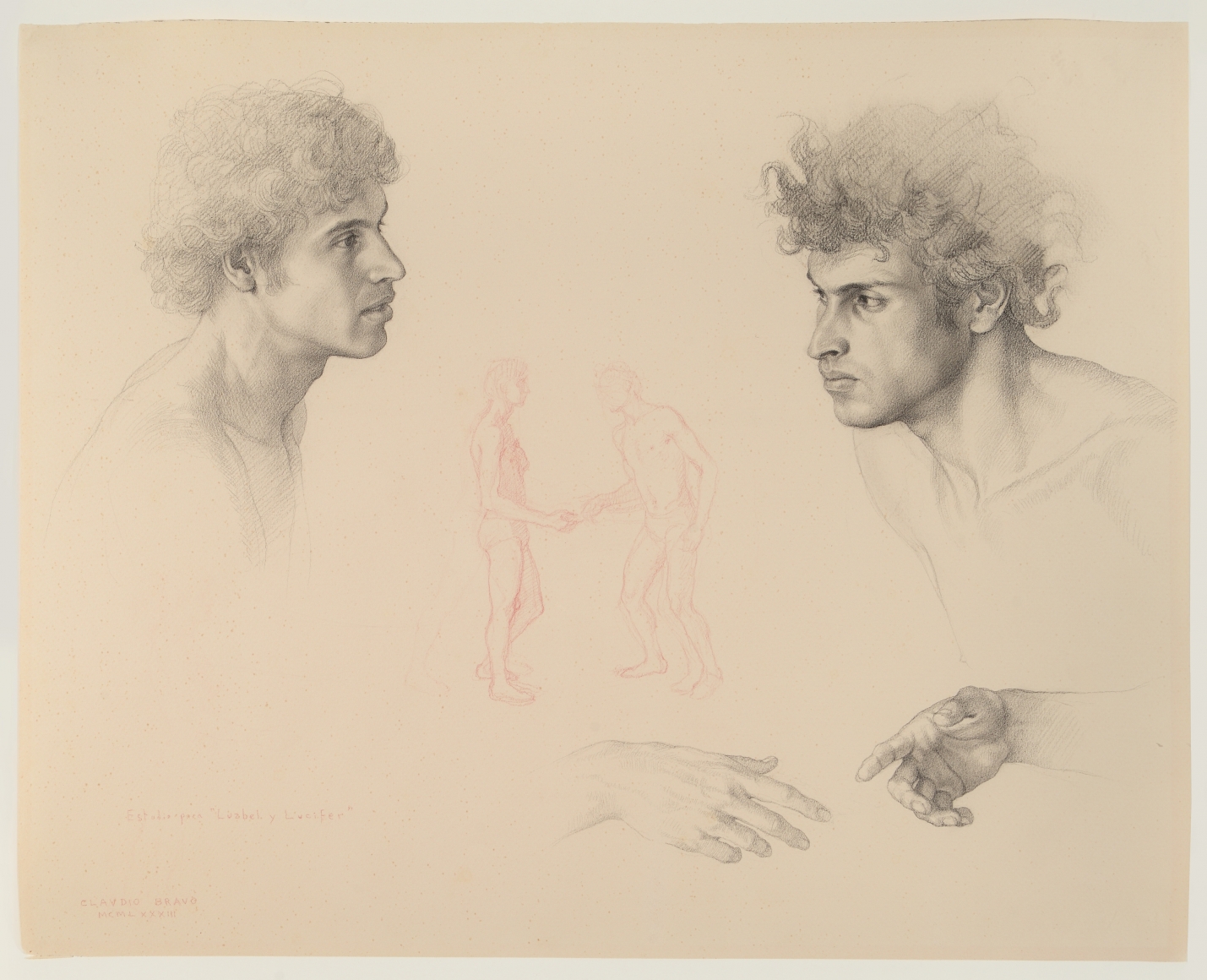 Claudio Bravo, Dos cabezas y manos (estudio para Luzbel y Lucifer) / Two Heads and Hands (Study for Luzbel and Lucifer), 1983, pencil on paper, 15 3/4 x 19 1/2 inches