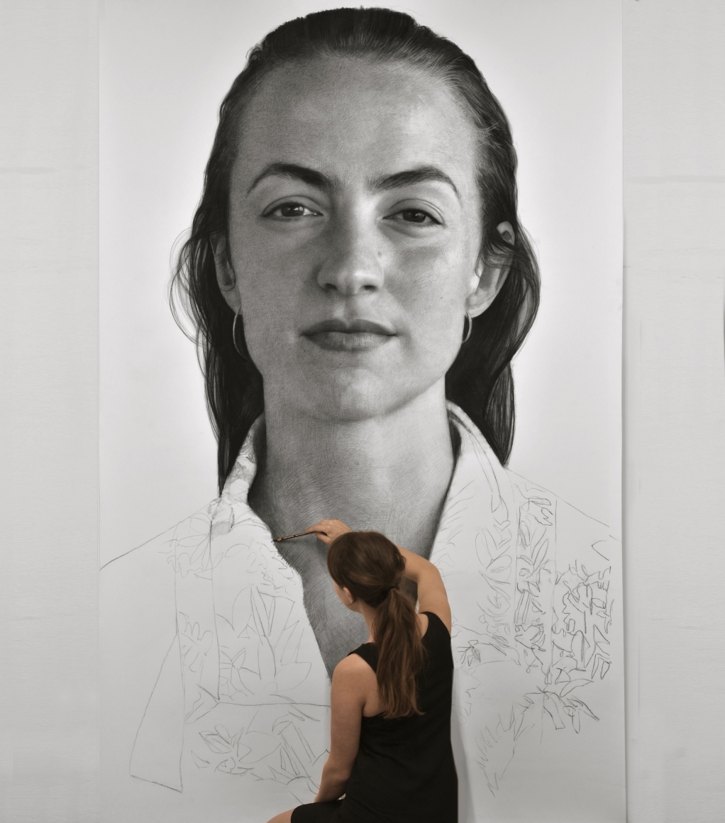 Clio Newton, Mira (frontal), 2018, compressed charcoal on paper, 94 x 59 1/4 inches