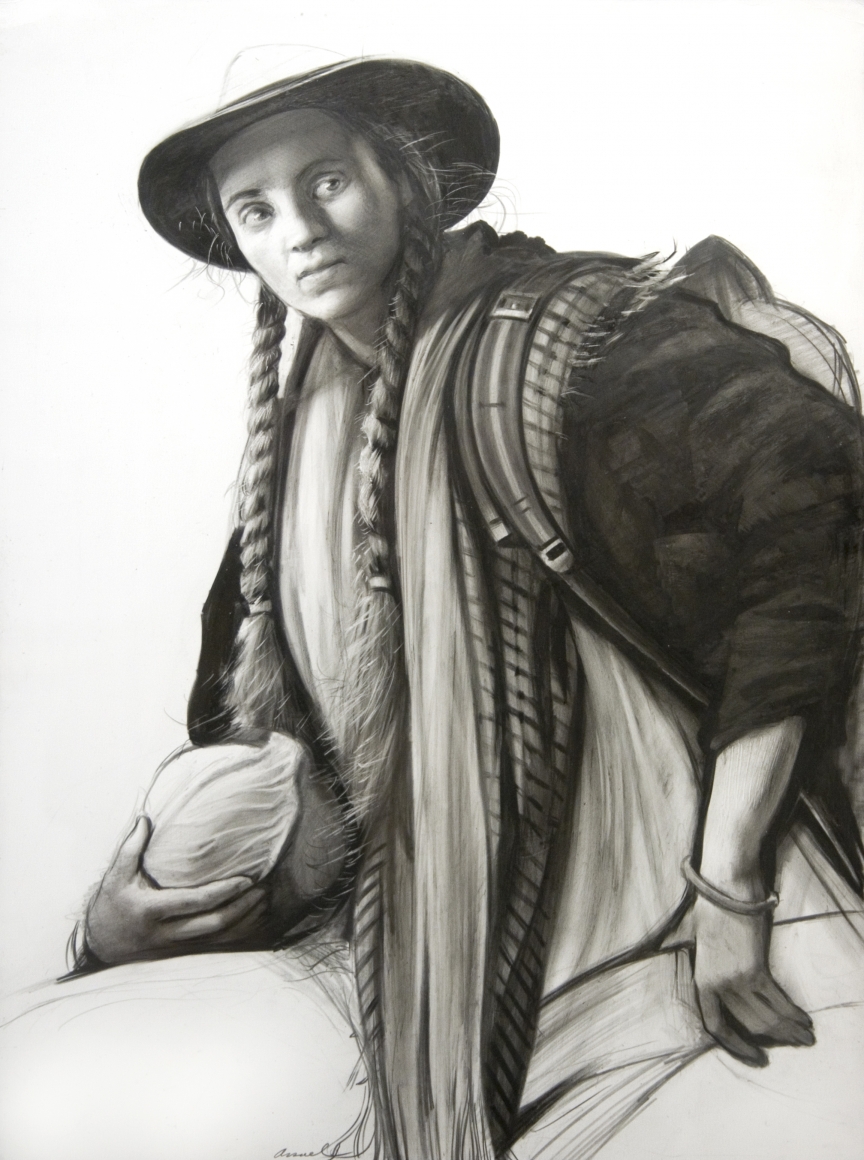 Steven Assael, Girl with Cabbage, 2020, graphite and crayon on paper, 15 1/2 x 11 1/2 inches