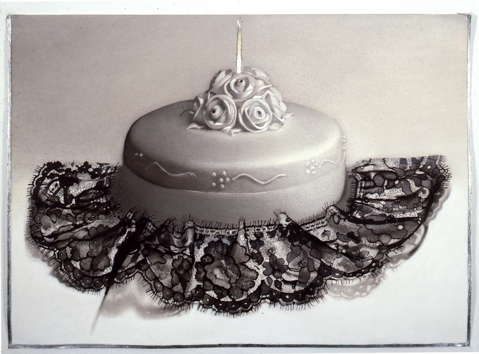 Susan Hauptman, Cake (SOLD), 2007, charcoal, ink, encaustic and silver leaf on paper, 23 x 33 inches