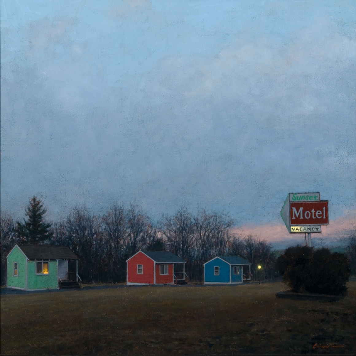 Linden Frederick, Sunset Motel (SOLD), 2007, oil on panel, 12 1/4 x 12 1/4 inches