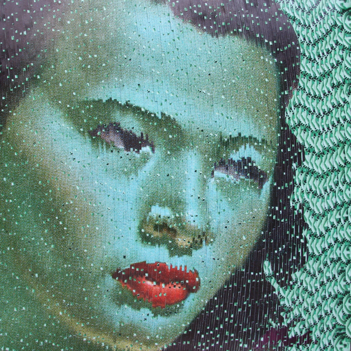 david mach, Greencard, 2013, postcard (Statue of Liberty) collage on wood backing, 72 x 72 inches