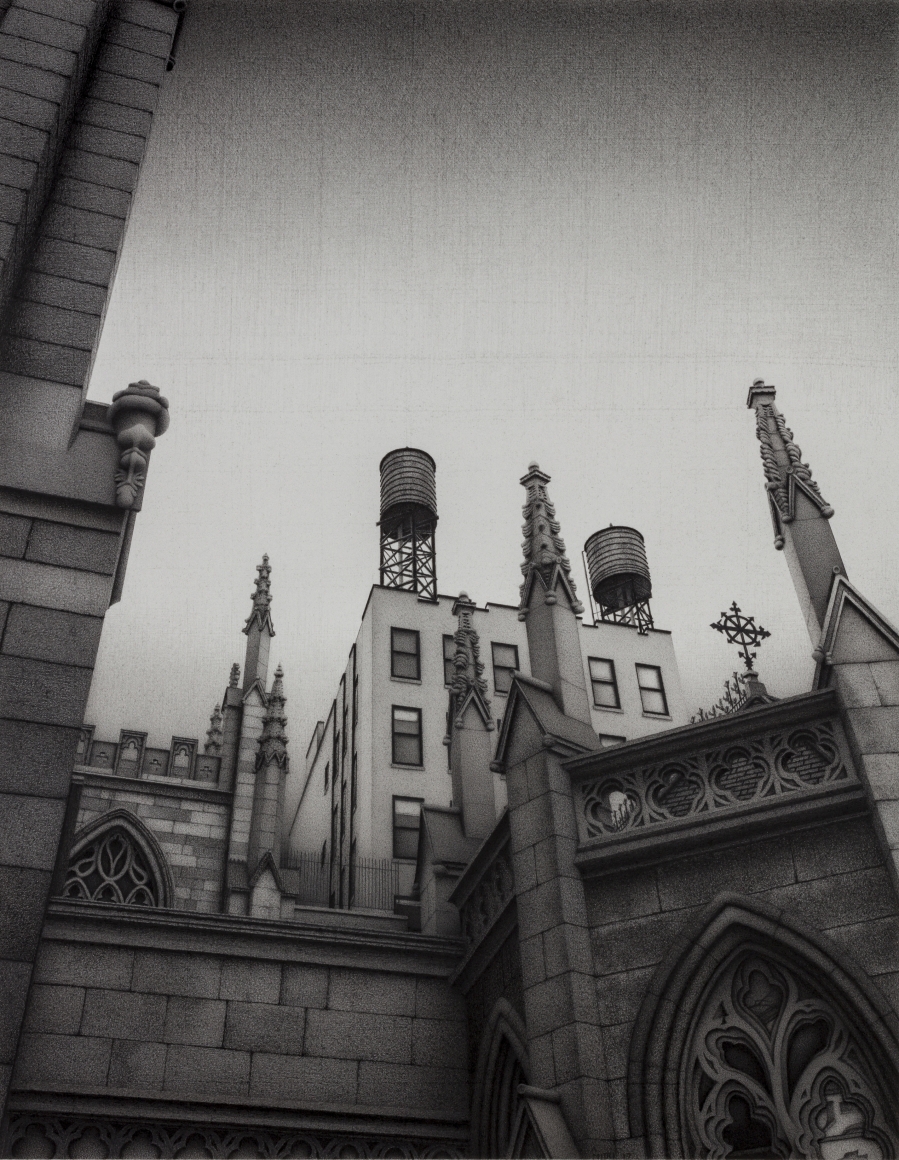 anthony mitri, Grace Church, Manhattan, 2017, charcoal on paper, 19 5/8 x 15 5/16 inches