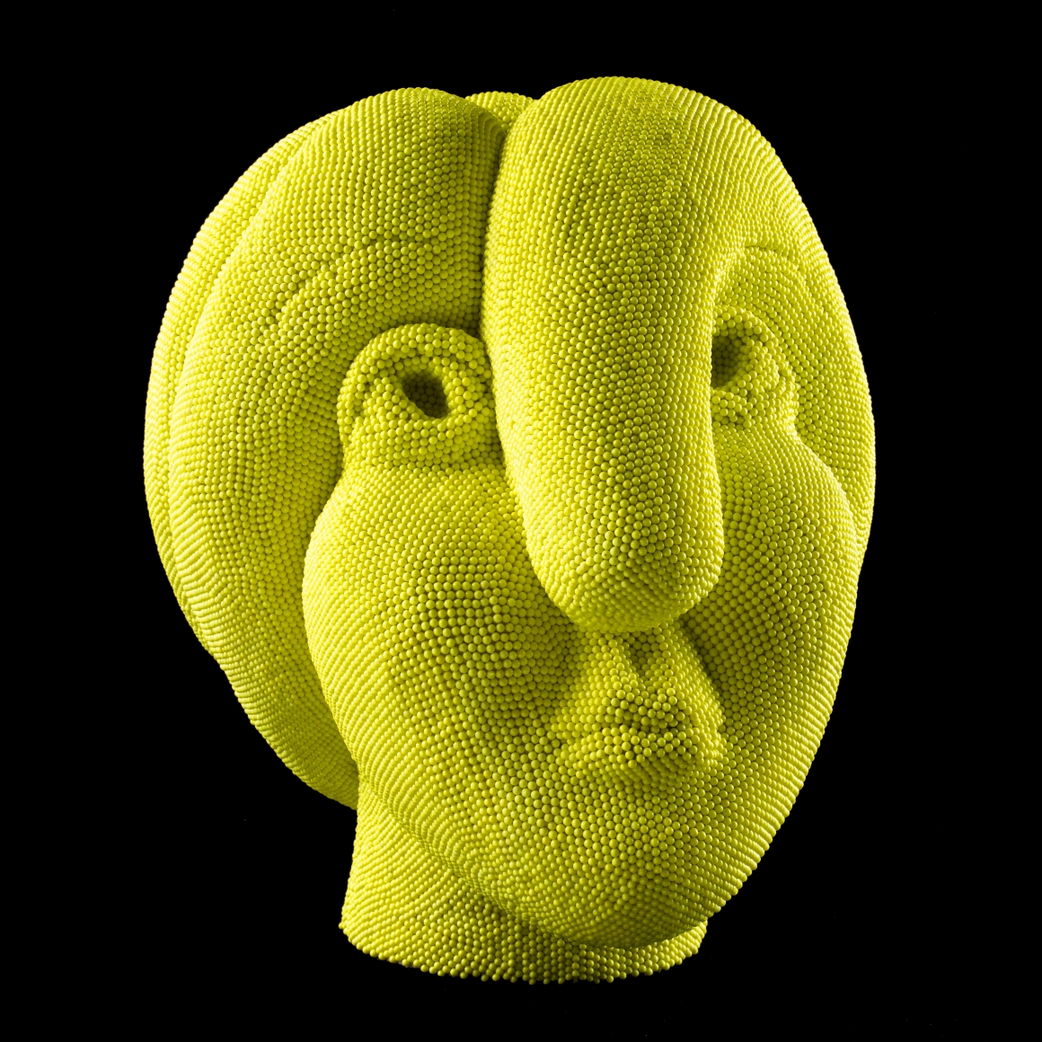 david mach, Yellow Pearl, 2012, yellow plastic pins on foam, 16 1/2 x 14 1/2 x 14 1/2 inches