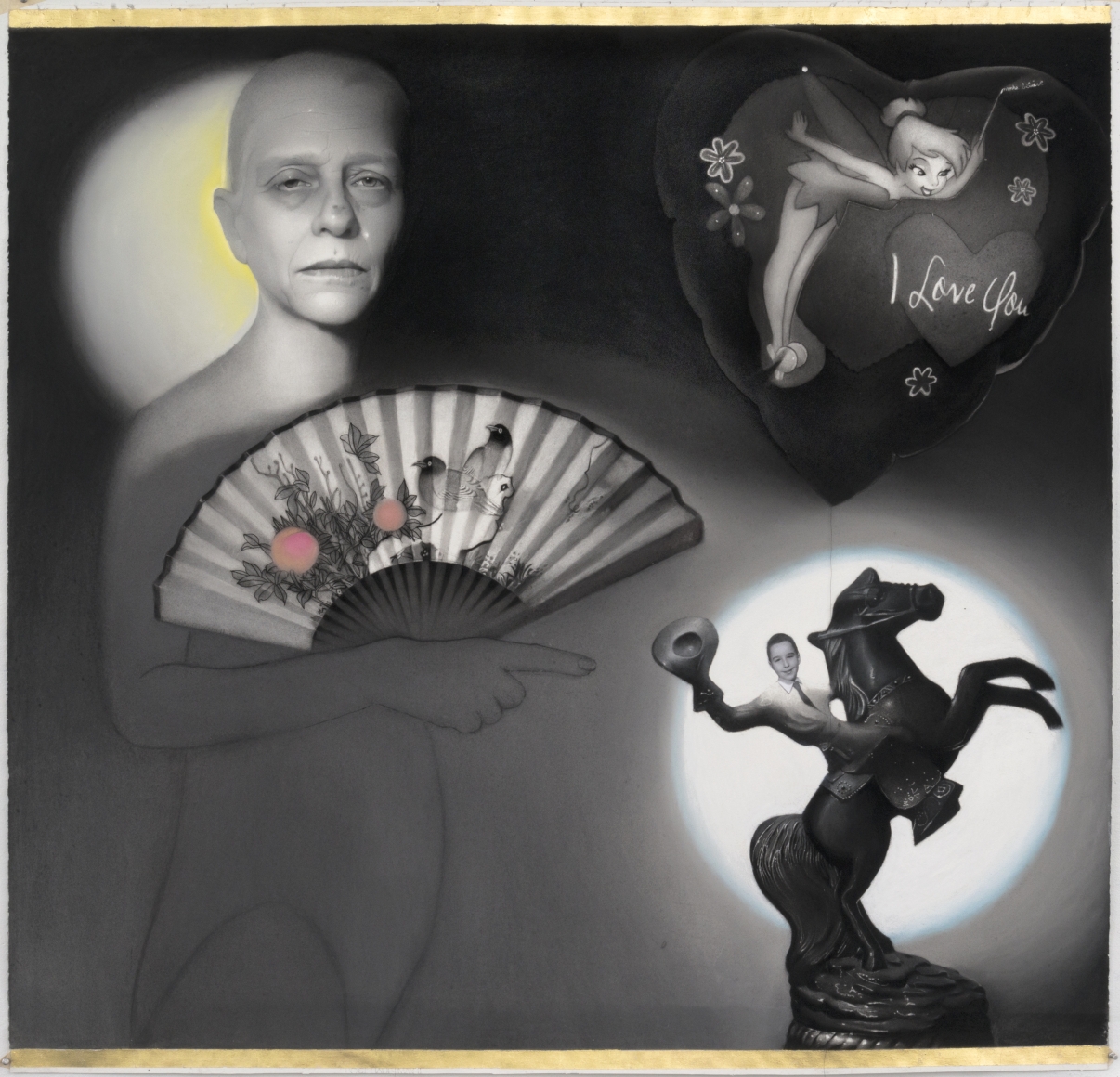 Susan Hauptman, Self Portrait (with Leonard on horse), 2011, charcoal and mixed media on paper, 60 x 58 inches