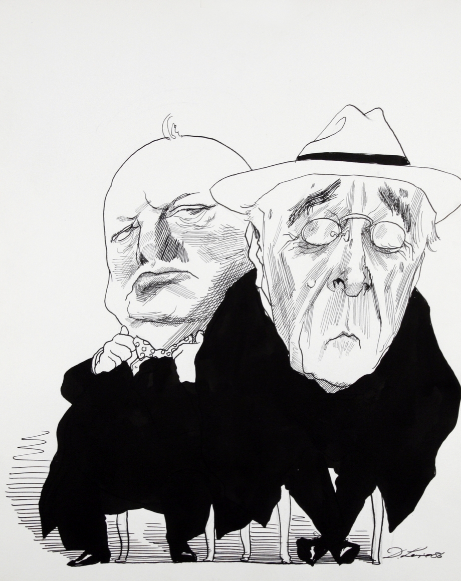 David Levine, FDR & Churchill, 1986, ink on paper, 13 1/2 x 11 inches