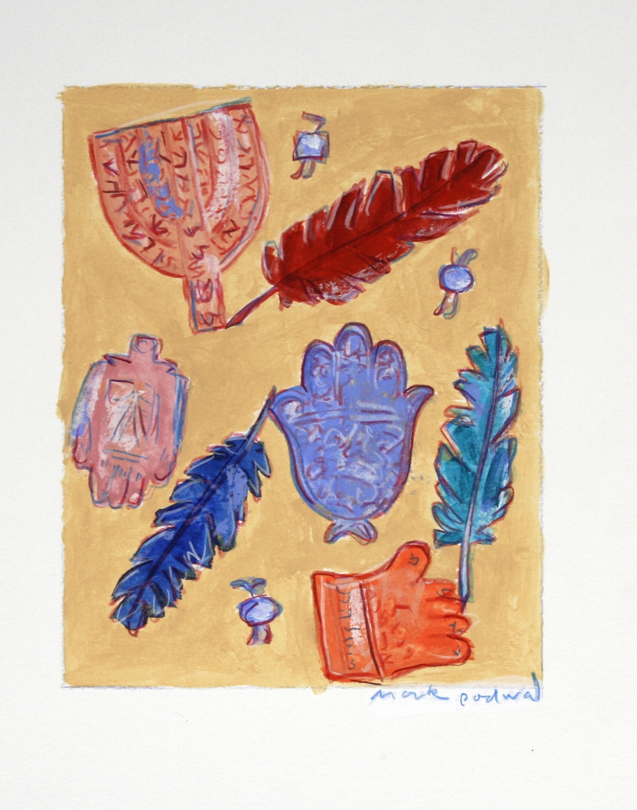 Mark Podwal, Amulets and Angel Feathers (SOLD), 2008, acrylic, gouache & colored pencil on paper, 7 1/2 x 5 3/4 inches