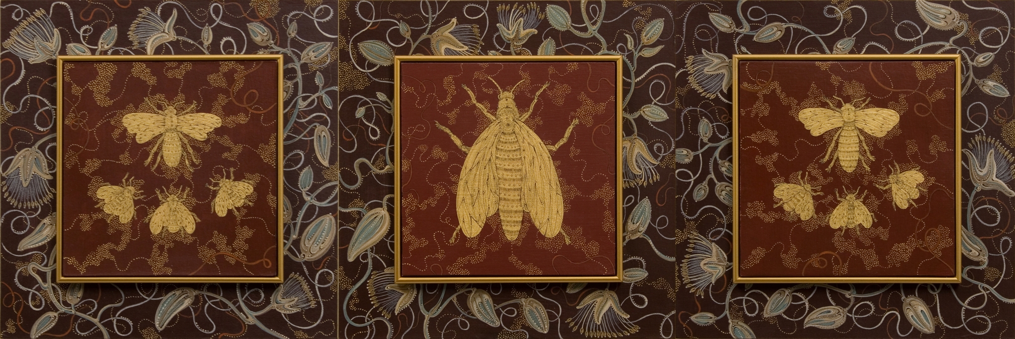 Stephanie Wilde, Queen, Drone, Workers (triptych), nd, ink, acrylic and gold leaf on panel, triptych, 8 x 8 inches each