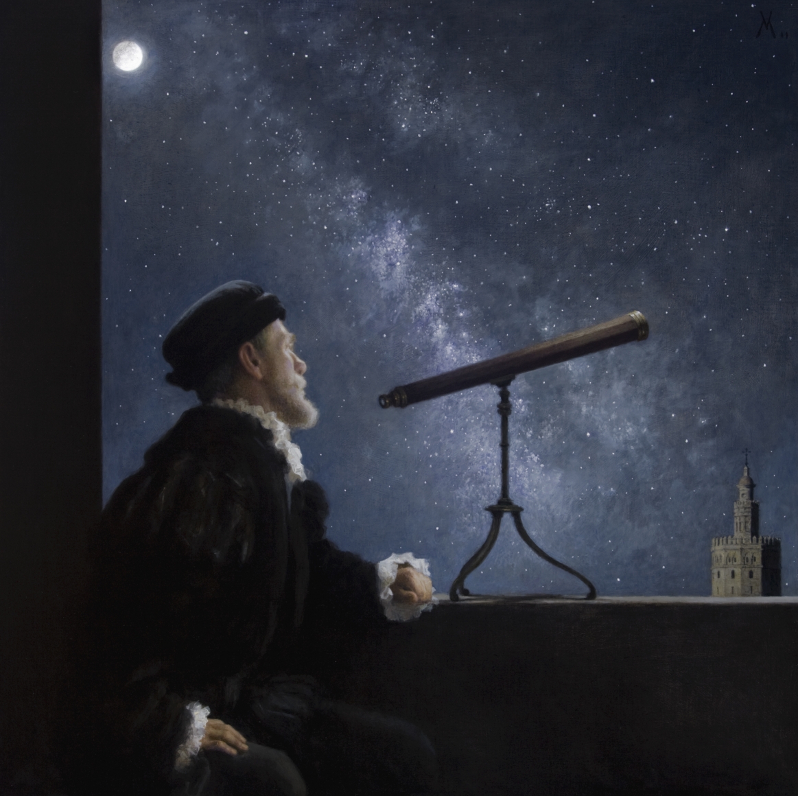 guillermo munoz vera, The Merchant of Seville, 2011, oil on canvas on panel, 39 3/8 x 39 3/8 inches