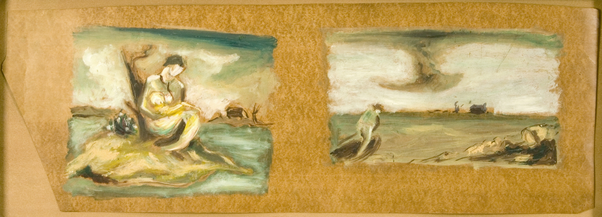 Jackson Pollock, Two Landscapes with Figures, c. 1934-1938, oil on linoleum, 8 7/8 x 25 1/8 inches