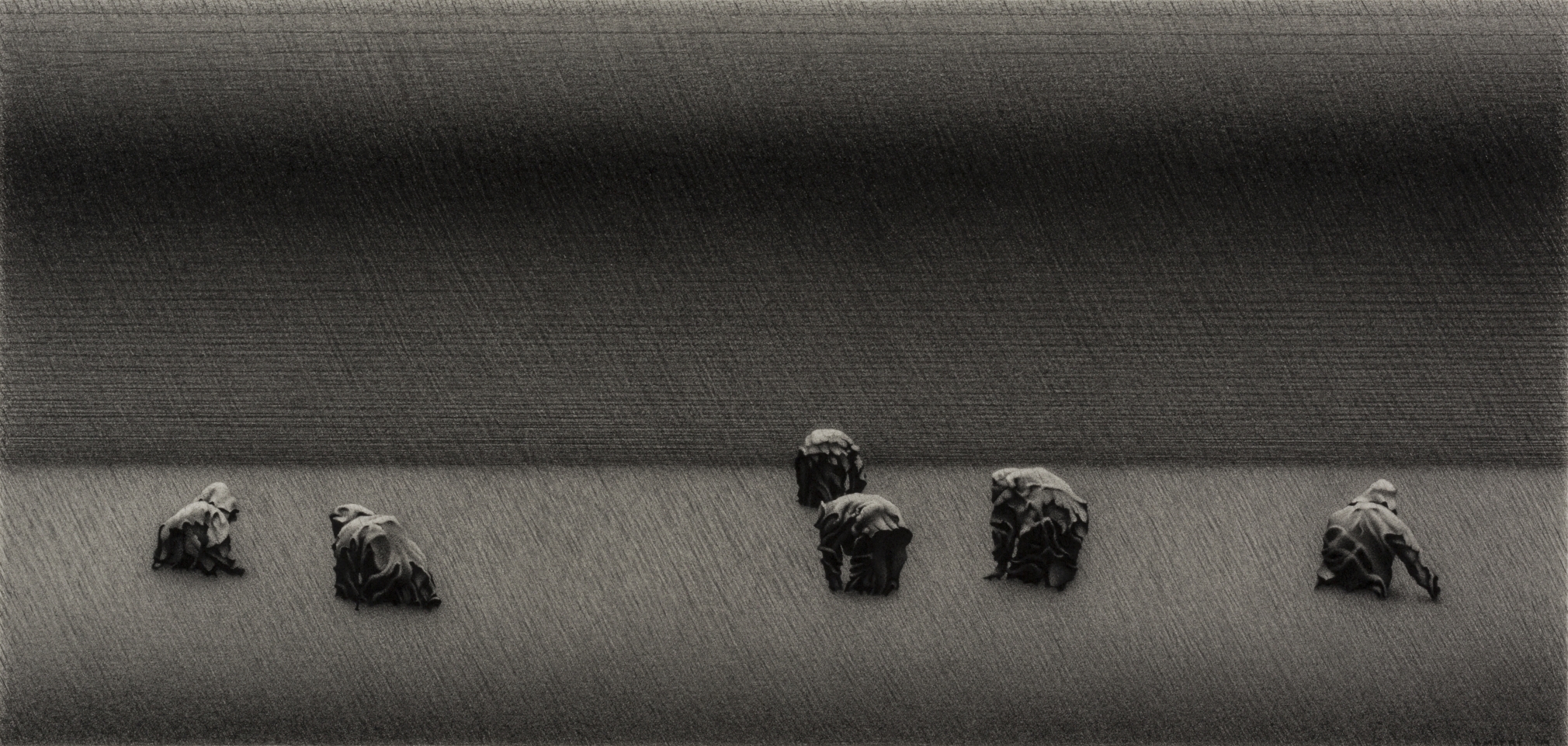 anthony mitri, Strawberry Pickers 3, Ile d'Orleans, Canada, 2014, charcoal on paper, 10 x 21 inches