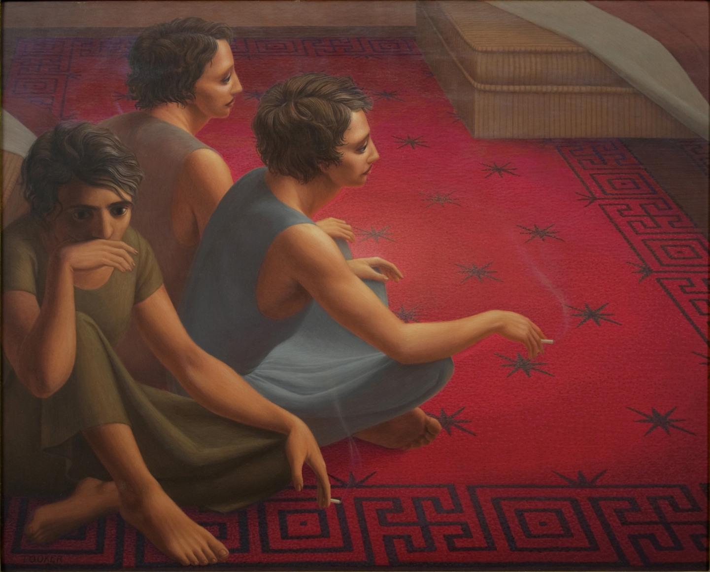 George Tooker, The Red Carpet, 1953, egg tempera on gessoed panel, 16 x 20 1/4 inches
