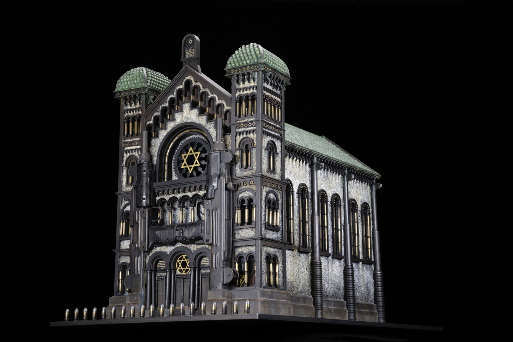 Al Farrow, Synagogue V (After the great Synagogue of Brussels), 2012, guns, gun parts, steel, bullets, shell casings, lead shot, glass, 31 ½ x 26 x 42 ½ inches