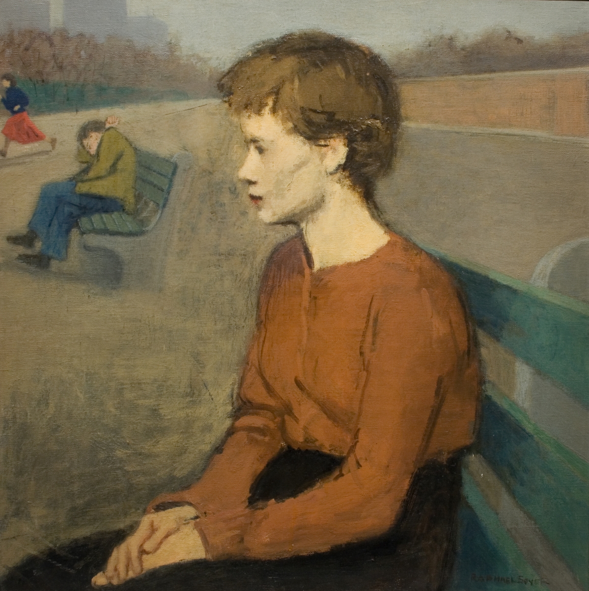 Raphael Soyer, Girl in Park, c. 1951, oil on canvas, 20 3/8 x 20 inches