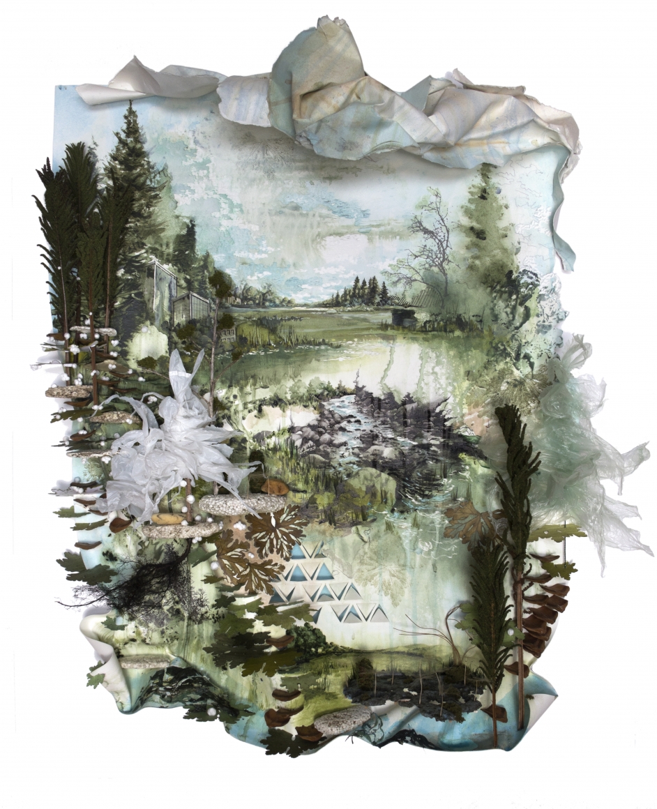 Gregory Euclide, The rain brings something between green and passing, 2011, acrylic, fern, found foam, geranium, pencil, pine cone, pine needle, plastic bag, tragopogon dubius, 29 x 23 x 7 inches framed