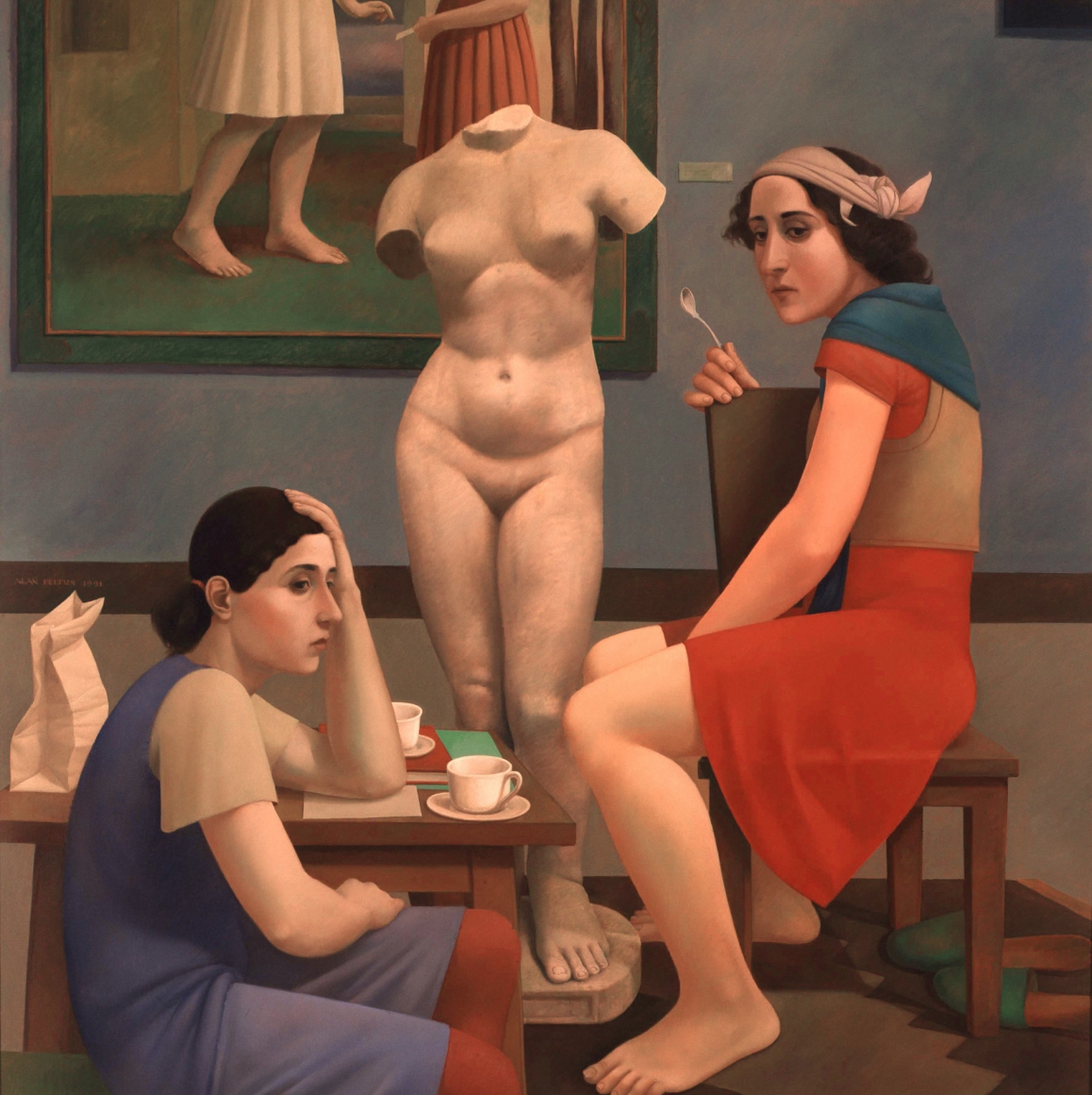 Alan Feltus, Gallery Tea, 1991, oil on linen, 38 1/4 x 39 1/4 inches