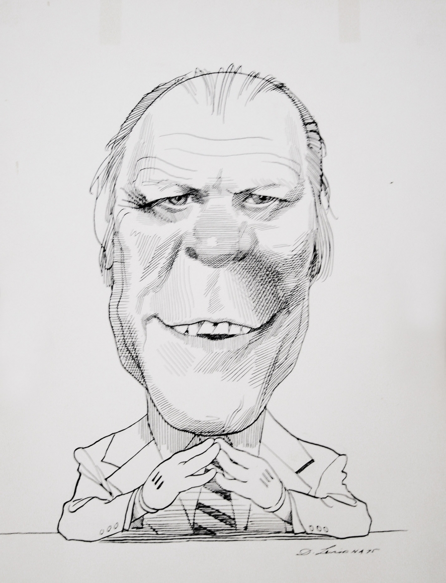David Levine, Gerald Ford in Mickey Mouse Gloves, 1975, ink on paper, 13 3/4 x 11 inches