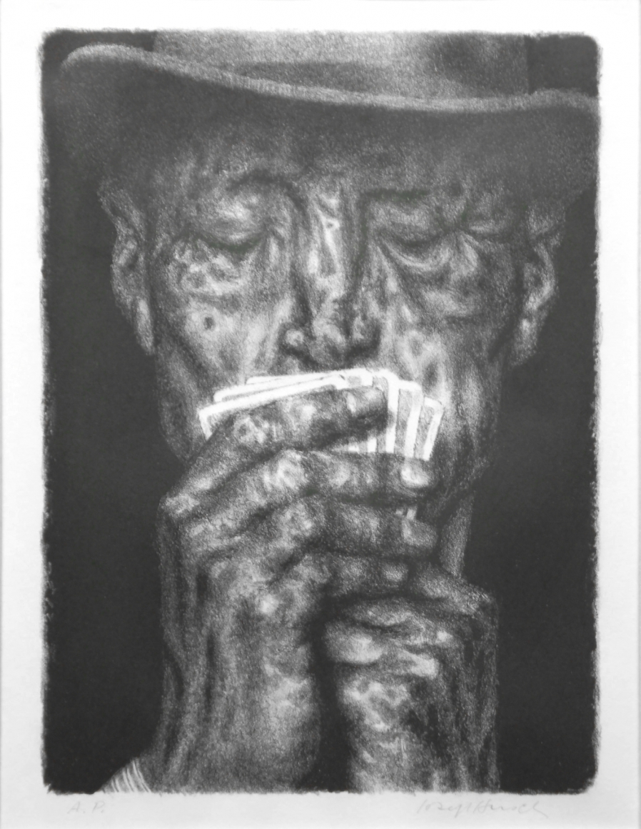 Joseph Hirsch, The Shark (Poker Player), nd, black & white lithograph, 12 x 9 inches