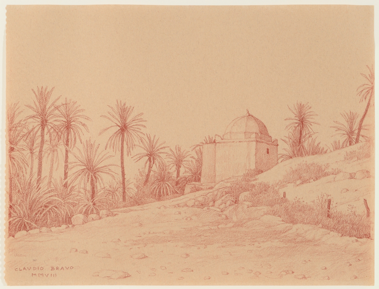 Claudio Bravo, Marabout de Tata, 2008, sanguine on sepia paper, 9 1/2 x 12 inches