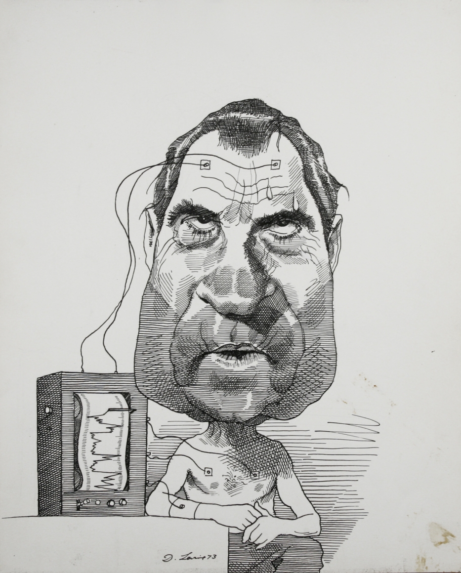 David Levine, Nixon & Lie Detector, 1973, ink on paper, 13 3/4 x 11 inches