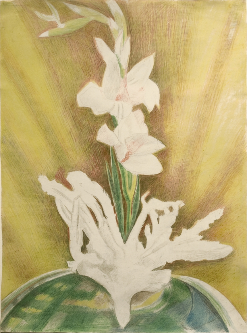 Joseph Stella, Gladiolas, c. 1935, colored pencils and pencil on paper, 25 x 18 1/2 inches, 37 1/2 x 30 1/2 inches (framed)