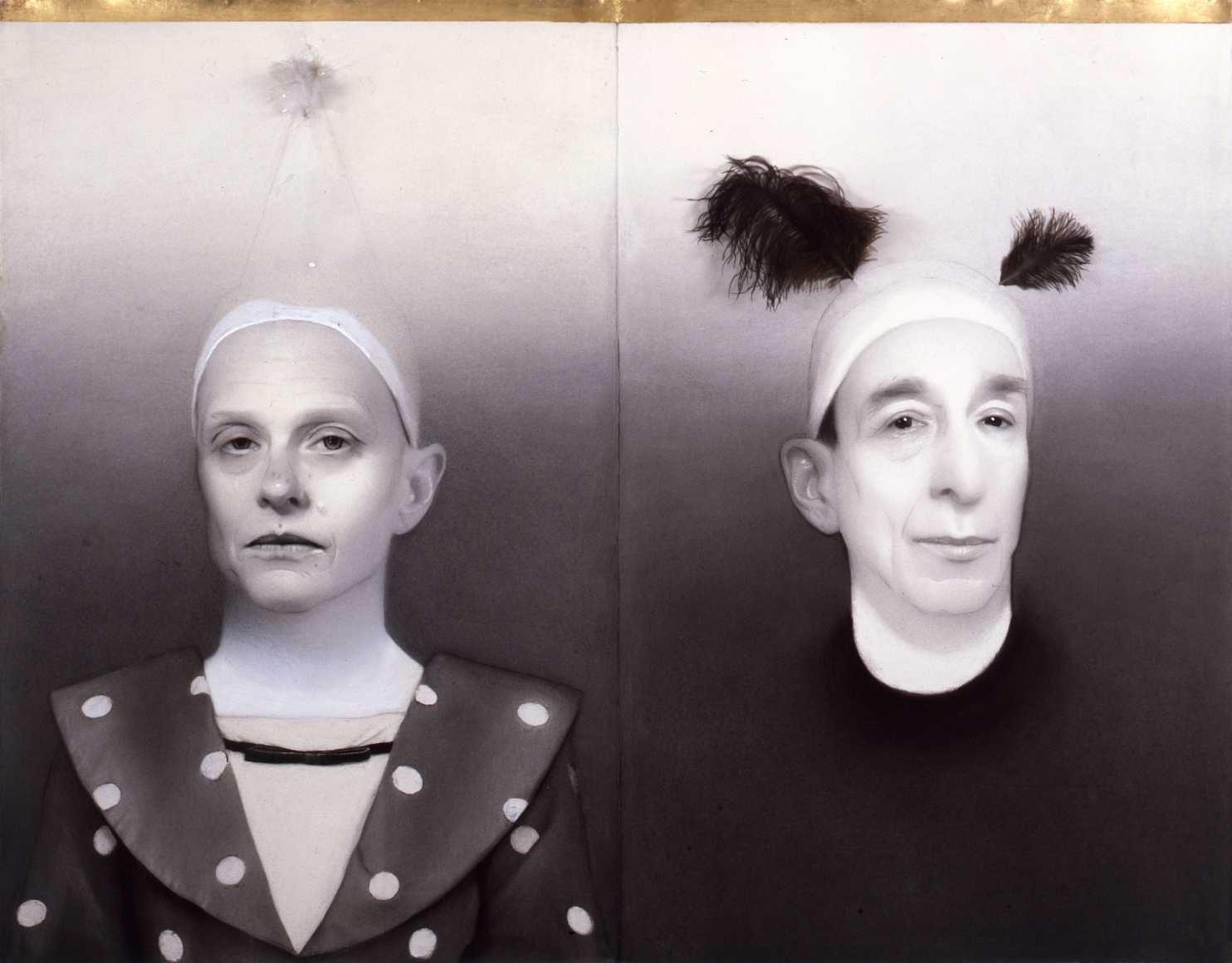 susan hauptman, Self Portrait (with feathers), 2007, charcoal, feathers and gold leaf on paper, 41 x 53 inches