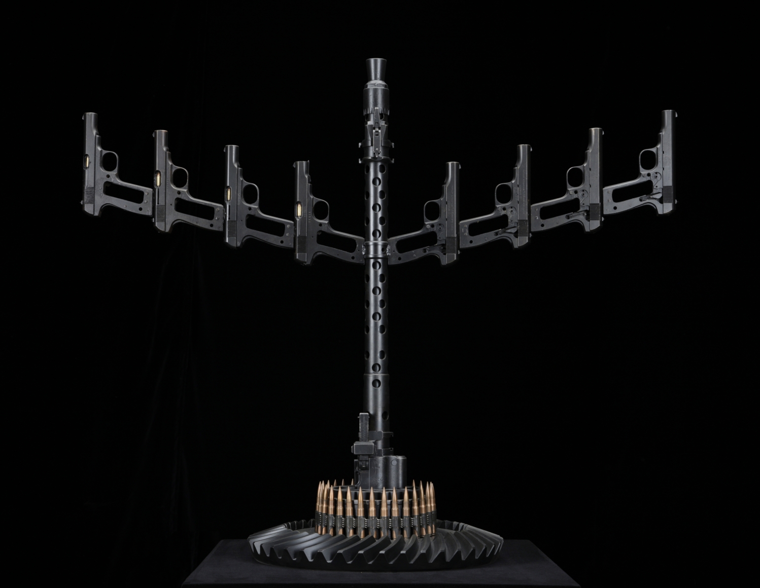 Al Farrow, Menorah (Fence XII), 2012, guns, gun parts, steel, bullets, 32 ¼ x 15 x 15 inches