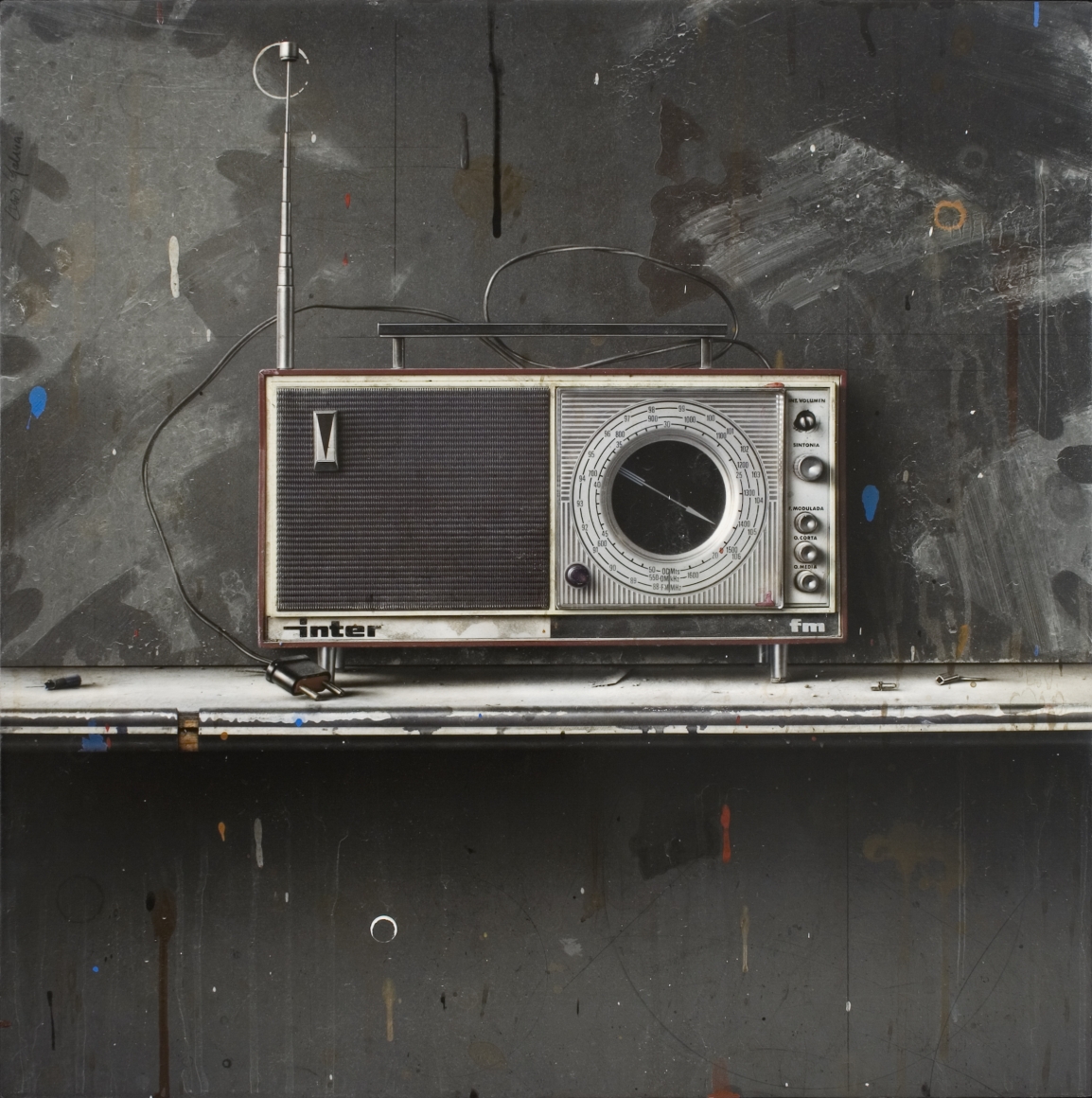 cesar galicia, Bodegón con Radio Inter (Still Life with Radio Inter), 2014, mixed media on plaster and wood, 22 5/8 x 22 3/4 inches