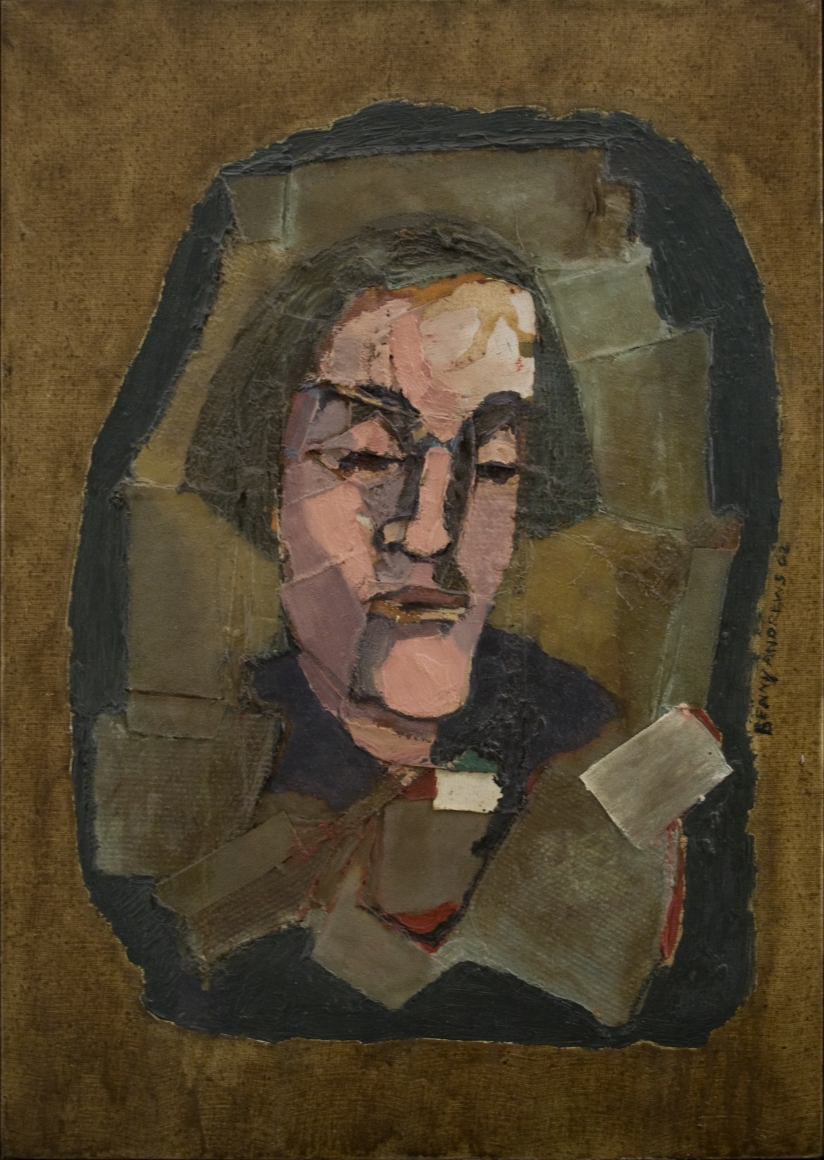 Benny Andrews, Poet, 1962, oil and collage on canvas, 25 x 17 1/2 inches